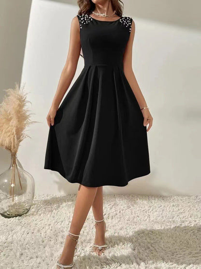 A-Line High Waisted Beads Pleated Solid Color Split-Joint Round-Neck Mini Dresses