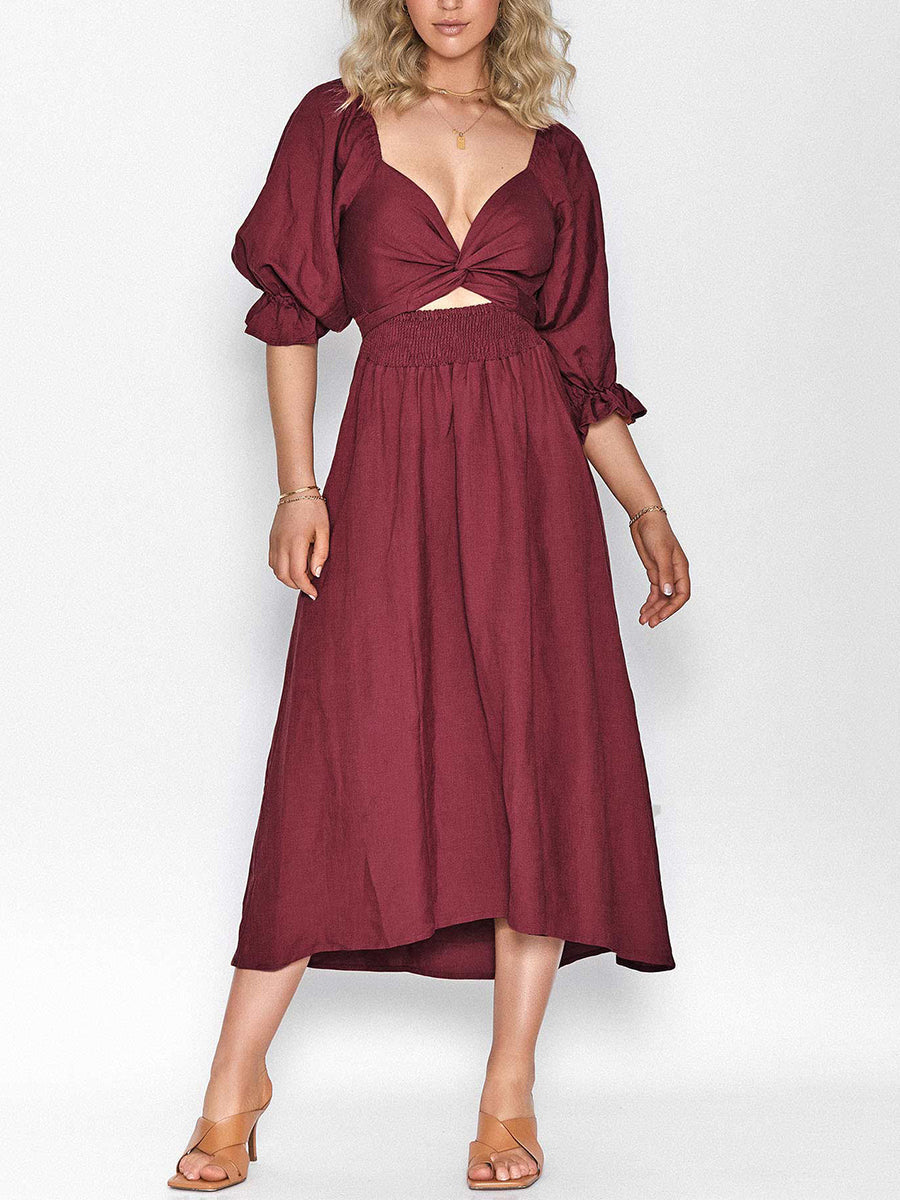 High Waisted Long Sleeves Elasticity Pleated Solid Color V-Neck Midi Dresses