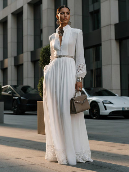 A-Line High Waisted Buttoned Hollow No Belt Pleated Pockets Solid Color Split-Joint Stand Collar Maxi Dresses Shirt Dress