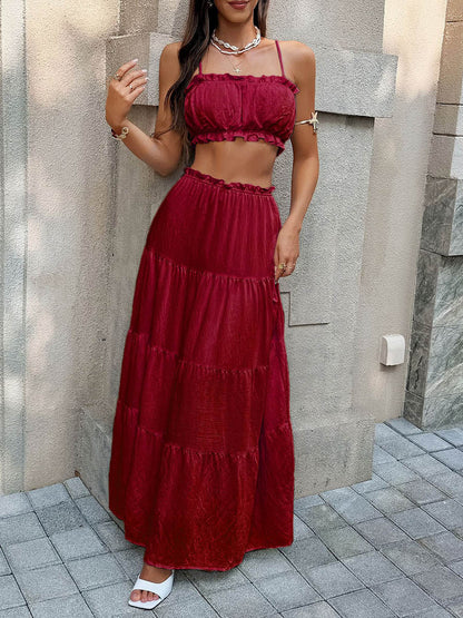 Solid Color Pleated Cropped Ruffled Spaghetti-Neck + A-Line Skirts Bottoms Top Two Pieces Set