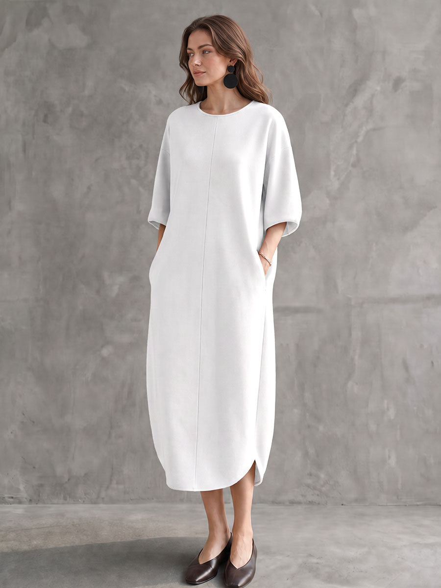 Solid Color Pockets Three-quarter Sleeves Loose Round-neck Midi Dresses