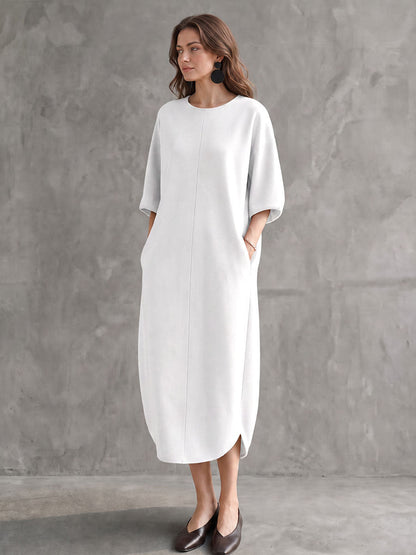 Solid Color Pockets Three-quarter Sleeves Loose Round-neck Midi Dresses