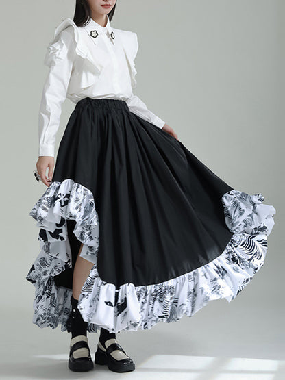High Waisted Loose Asymmetric Elasticity Pleated Printed Ruffled Split-Joint Skirts Bottoms