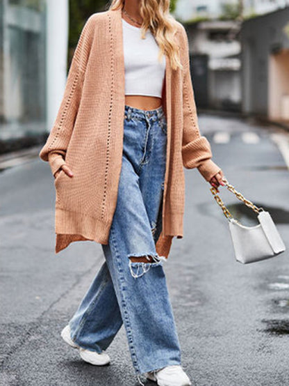 High-Low Long Sleeves Hollow Solid Color Split-Joint Split-Side Cardigan Coats