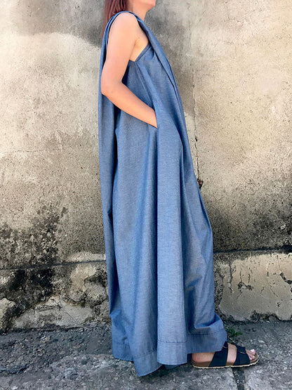 Loose Sleeveless Solid Color Split-Joint V-Neck Jumpsuits