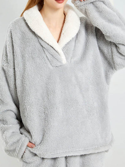 Coral Fleece Split-Joint V-Neck + Pants Pajama Two Pieces Set