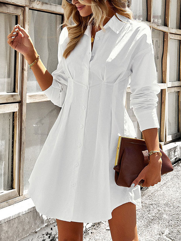 Long Sleeves Skinny Pleated Split-Joint Lapel Mini Dresses Shirt Dress