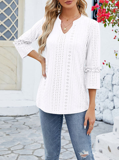 Loose Three-Quarter Sleeves Jacquard Solid Color V-Neck T-Shirts Tops