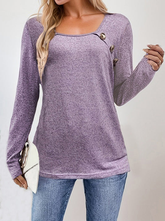 Long Sleeves Loose Buttoned Solid Color Split-Joint Square-Neck T-Shirts Tops