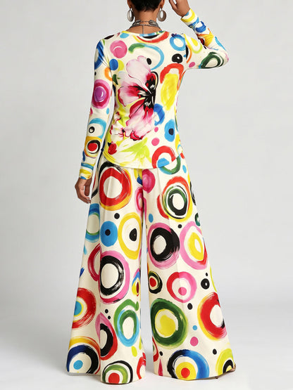 Printed Polka-Dot Pockets Elasticity Colorful Wide Leg Loose Trousers Pants