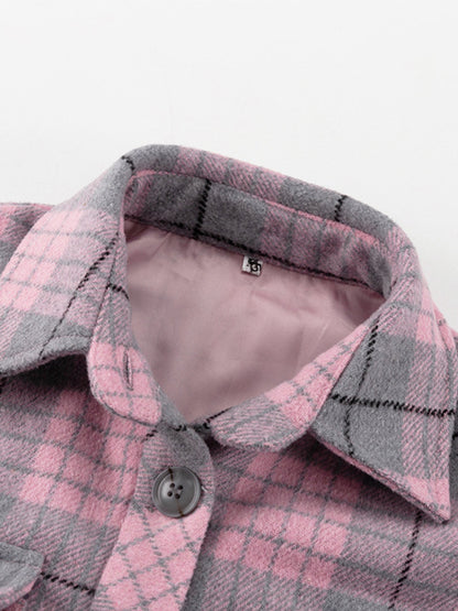 Long Sleeves Loose Plaid Pockets Lapel Woolen Coat