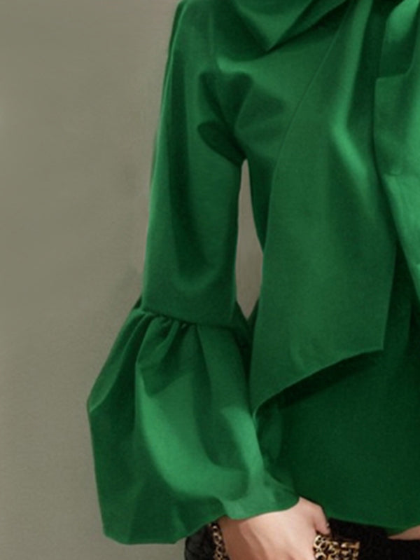 Loose Puff Sleeves Bowknot Solid Color Split-Joint Stand Collar Blouses&Shirts Tops