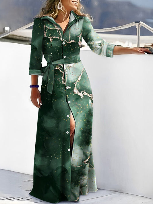 High Waisted Long Sleeves Buttoned Printed Tied Waist V-Neck Maxi Dresses Shirt Dress