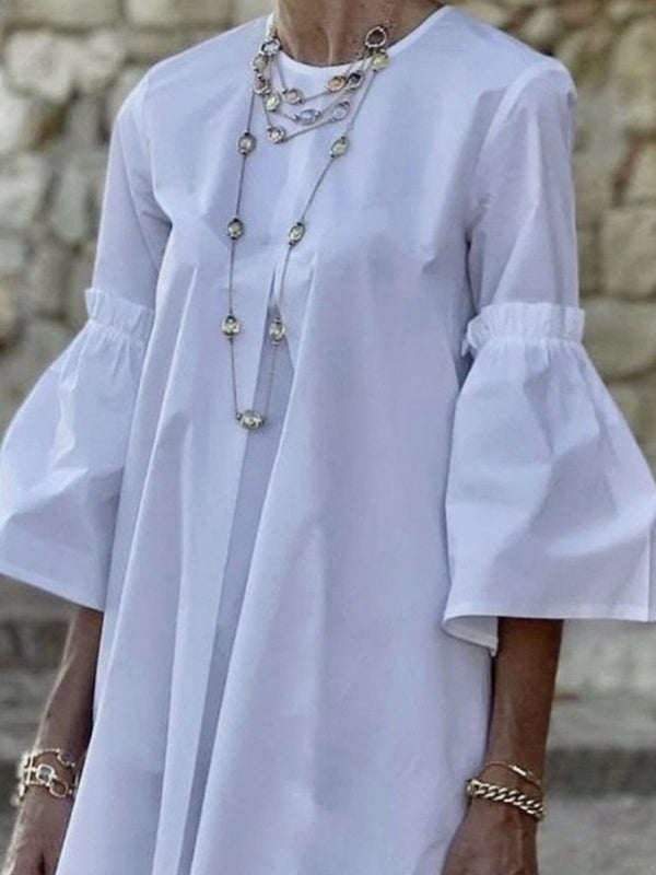 Flared Sleeves Half Sleeves Solid Color Round-Neck Mini Dresses