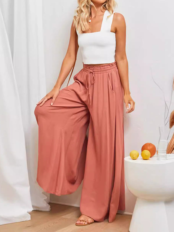 High Waisted Loose Drawstring Elasticity Pleated Pockets Solid Color Pants Trousers