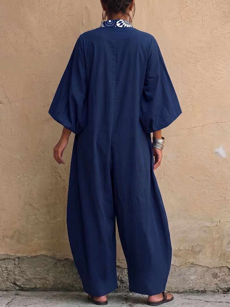 Printed Pockets Contrast Color Wide Leg Three-quarter Sleeves V-neck Jumpsuits