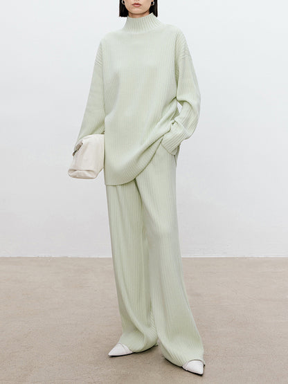 Solid Color High-Neck Long Sleeves Sweater Top + Wide Leg Pants Bottom Two Pieces Set