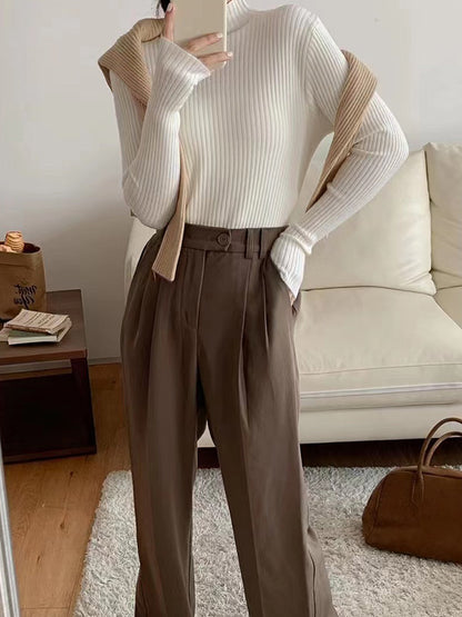Long Sleeves Skinny Solid Color High-Neck Knitwear Pullovers Sweater Tops
