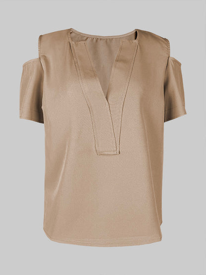 Loose Short Sleeves Solid Color Split-Joint Cold Shoulder Blouses&Shirts Tops