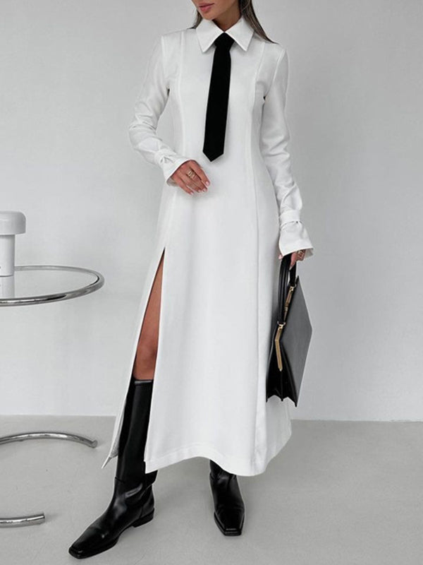 A-Line Flared Sleeves Buttoned Solid Color Split-Joint Split-Side Lapel Maxi Dresses Shirt Dress