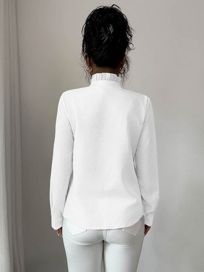 Long Sleeves Skinny Buttoned Ruffled Split-Joint Striped Stand Collar Blouses&Shirts Tops