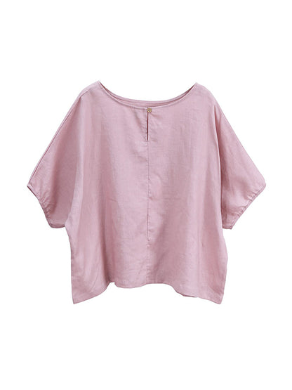 Loose Puff Sleeves Hollow Solid Color Split-Joint Round-Neck T-Shirts