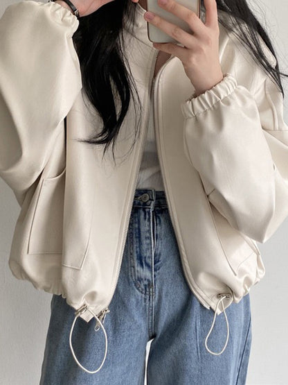 Long Sleeves Loose Drawstring Solid Color Zipper Stand Collar Jackets Outerwear