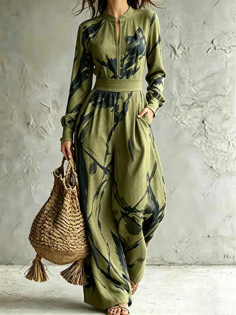 Zipper Printed Pockets Contrast Color Wide Leg Loose V-neck Jumpsuits