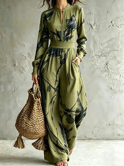 Zipper Printed Pockets Contrast Color Wide Leg Loose V-neck Jumpsuits