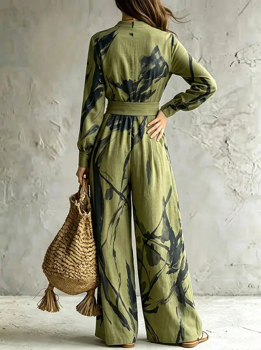 Zipper Printed Pockets Contrast Color Wide Leg Loose V-neck Jumpsuits