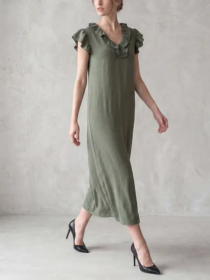 Loose Plus Size Pockets Ruffle Trim Solid Color V-Neck Maxi Dresses