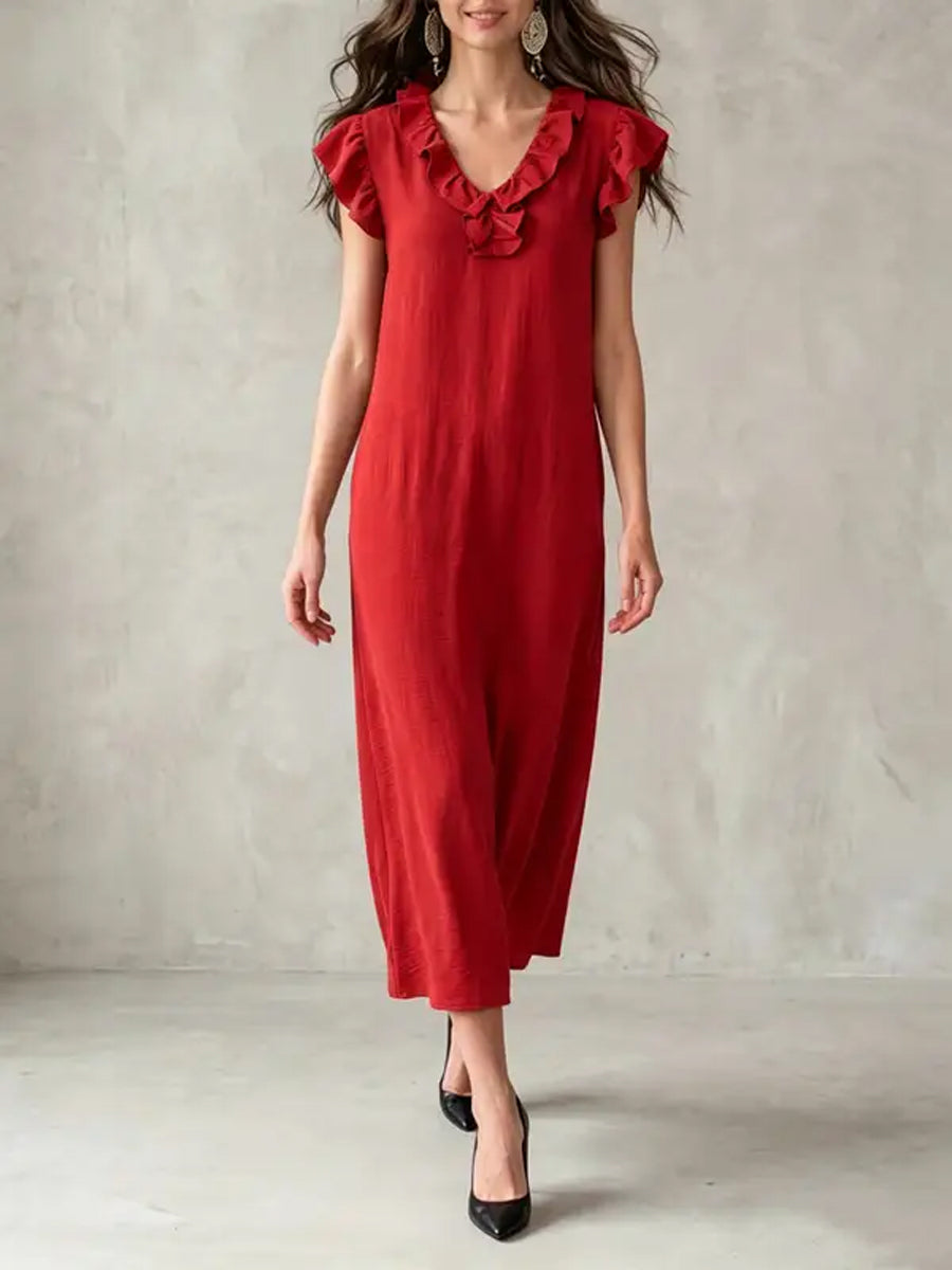 Loose Plus Size Pockets Ruffle Trim Solid Color V-Neck Maxi Dresses