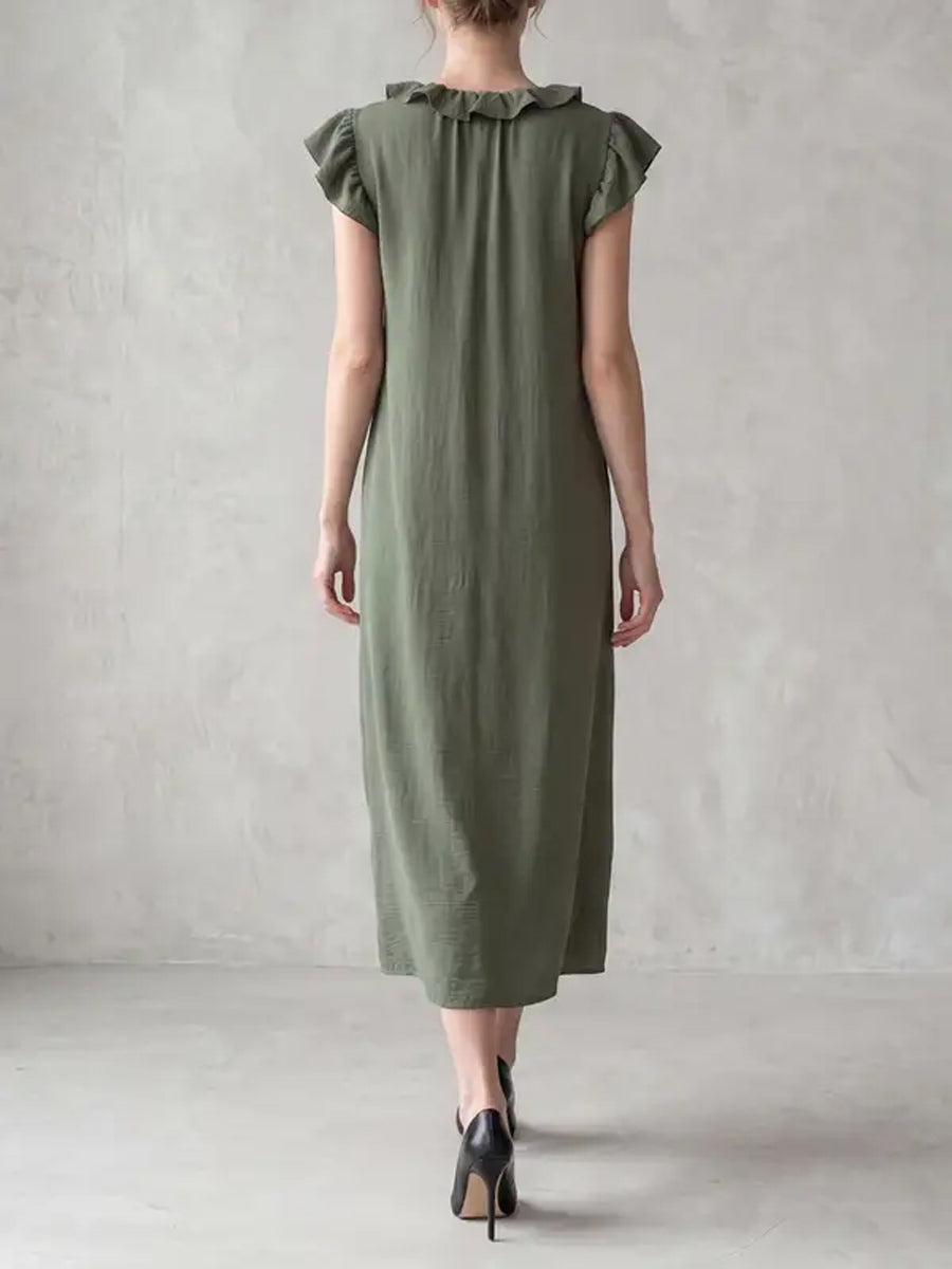 Loose Plus Size Pockets Ruffle Trim Solid Color V-Neck Maxi Dresses