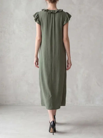 Loose Plus Size Pockets Ruffle Trim Solid Color V-Neck Maxi Dresses
