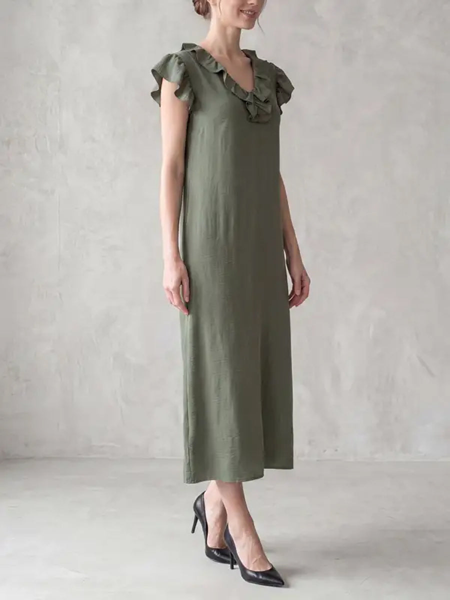 Loose Plus Size Pockets Ruffle Trim Solid Color V-Neck Maxi Dresses
