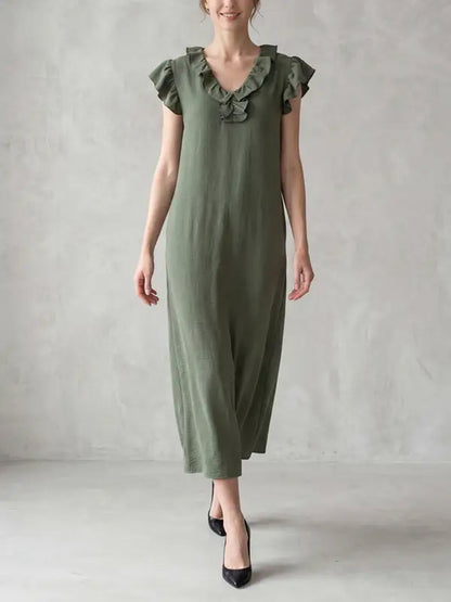 Loose Plus Size Pockets Ruffle Trim Solid Color V-Neck Maxi Dresses