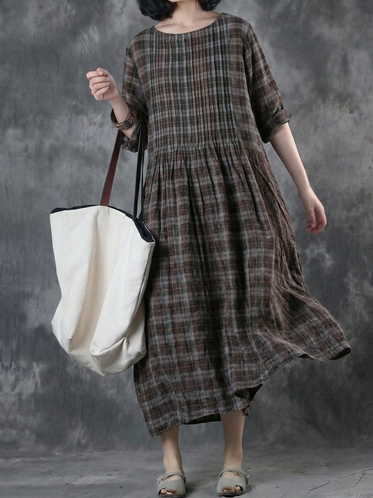 Plus Size Women Vintage Plaid O-Neck Long Sleeve Dress