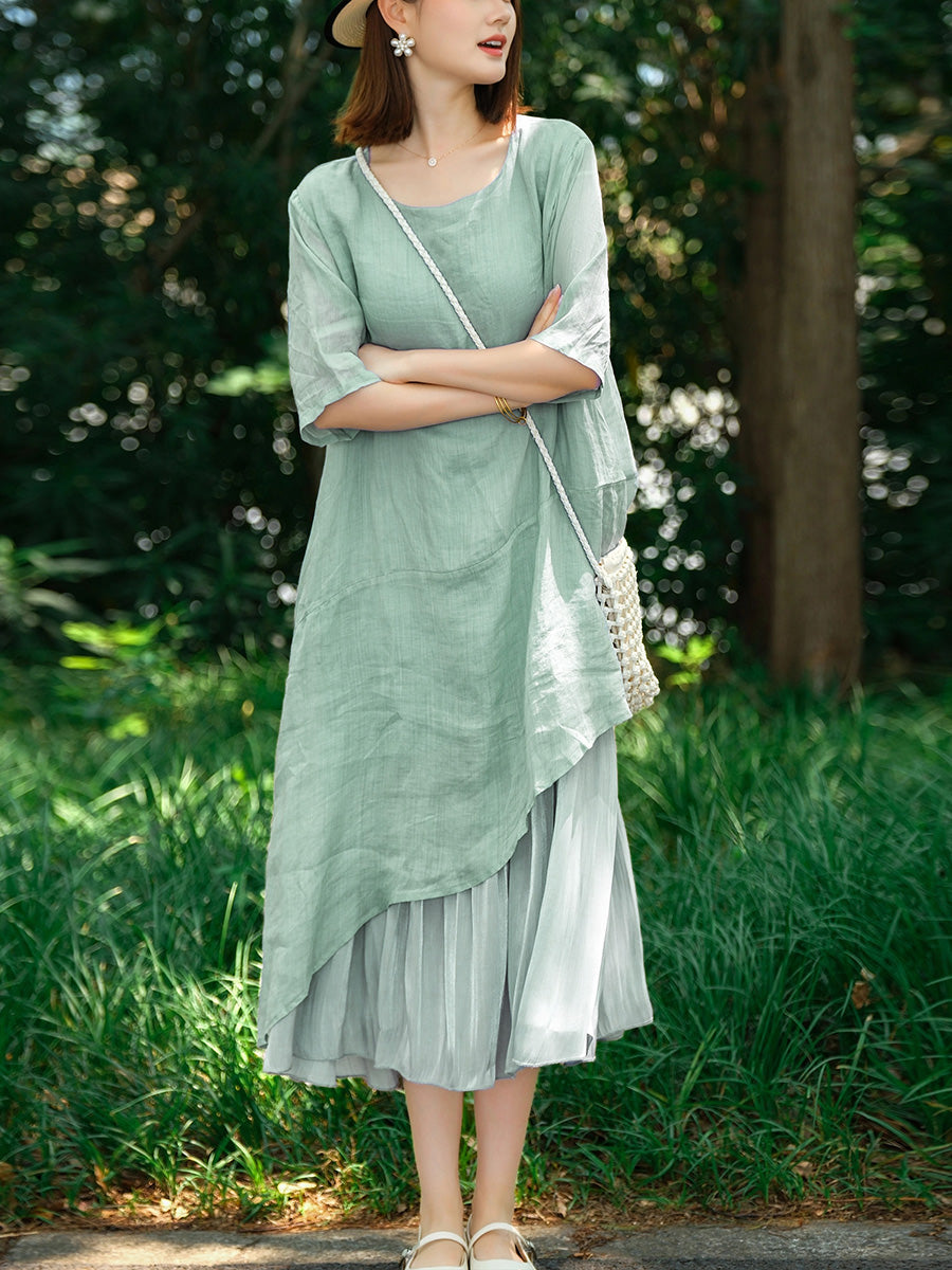 Plus Size Women Summer Pure Color Spliced O-Neck 100%Ramie Dress