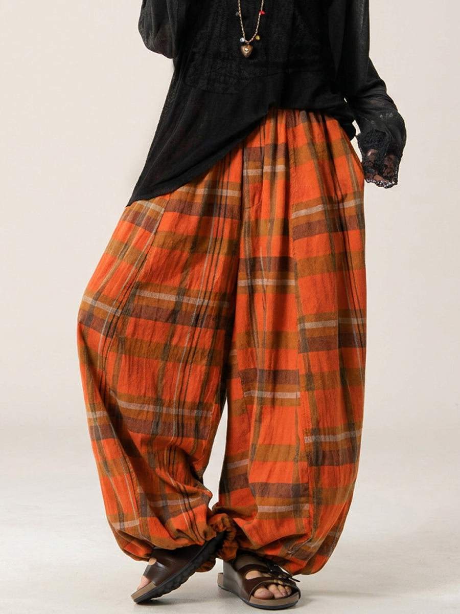 Plus Size Women Summer Loose Plaid Wide-Leg Pants