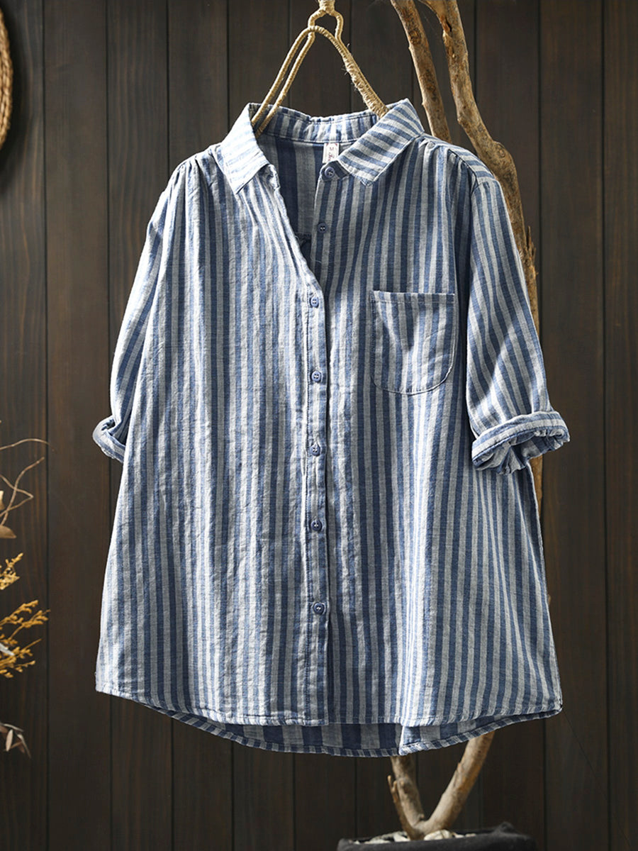 Plus Size Women Summer Stripe Turn-down Collar 100%Cotton Shirt