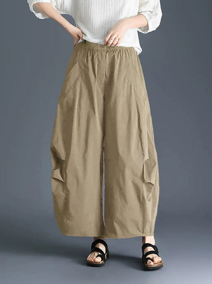 Plus Size Women Spring Pure Color Cotton Wide-leg Pants