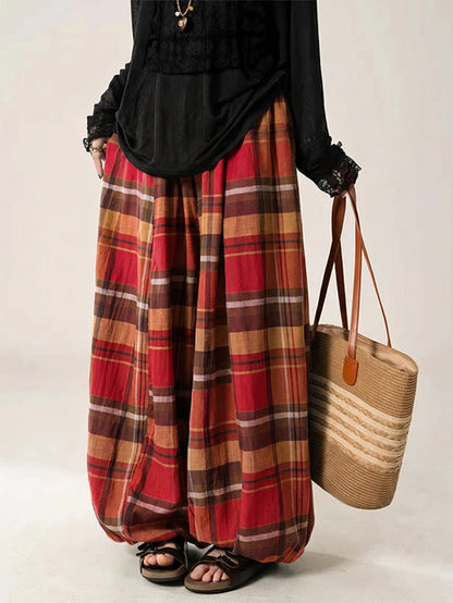 Plus Size Women Summer Loose Plaid Wide-Leg Pants