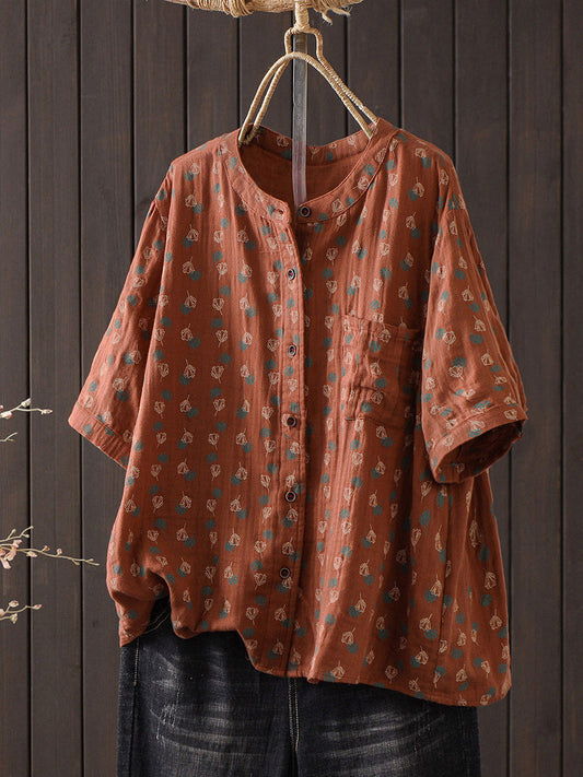 Plus Size Women Summer Artsy Flower O-Neck Cotton Blouse