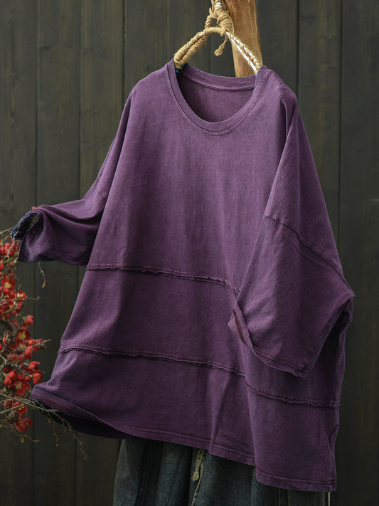 Plus Size Women Summer Retro Pure Color Cotton T-Shirt