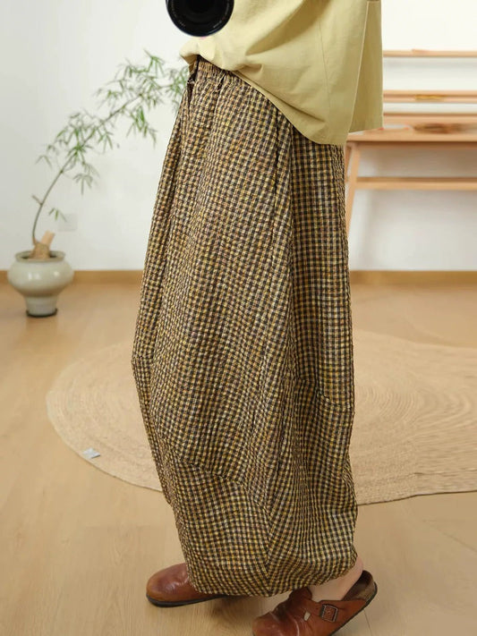 Plus Size Women Summer Vintage Cotton Plaid Wide Leg Pants