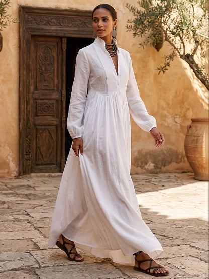 A-Line High Waisted Buttoned Pleated Pockets Solid Color Split-Joint Stand Collar Maxi Dresses Shirt Dress