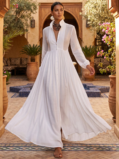 A-Line High Waisted Buttoned Pleated Pockets Solid Color Split-Joint Stand Collar Maxi Dresses Shirt Dress