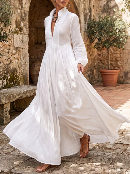 A-Line High Waisted Buttoned Pleated Pockets Solid Color Split-Joint Stand Collar Maxi Dresses Shirt Dress