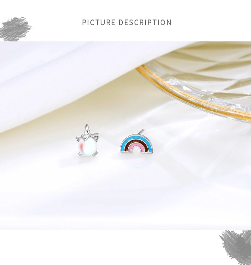 s925 Sterling Silver Rainbow  Moonstone stud earrings elegant niche cute jewelry small asymmetric earrings for women