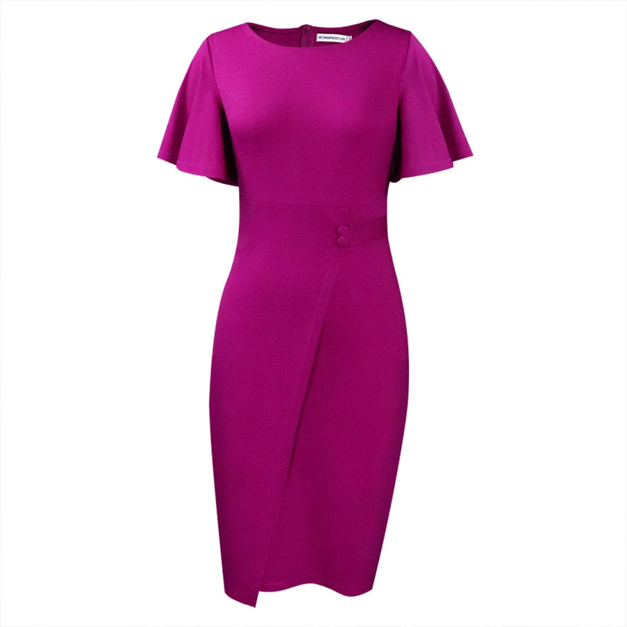 women's pencil skirt elegant round neck button short sleeve solid color knee-length holiday
